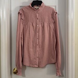 Mini Boden Women Dust Pink Smocked Button Down Shirt Long Sleeve with Ruffles
